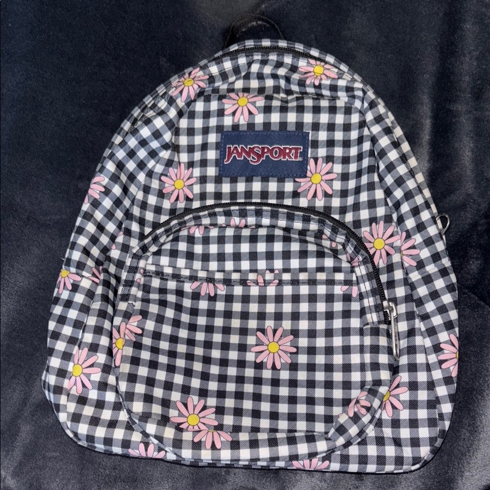 Jansport Gingham Backpack with Pink Floral Accents